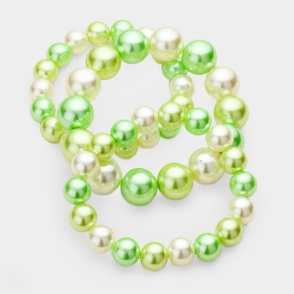 3PCS - Lime Green Stackable Pearl Stretch Bracelets - Picture 4 of 6